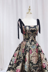 Unique Floral Floor Length Semi Formal Prom Dress, A-Line Black Evening Dress